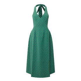 Odd Muse Volume Polka Dot Tie-Neck Dress in green polka dot, halterneck tie, V-neckline, cinched waist, flared midi skirt