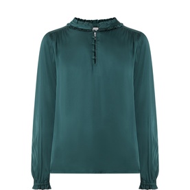 Part Two blouse in Green Gables, 100% viscose with ruffle high neck, button placket and elasticated cuffs on long sleeves