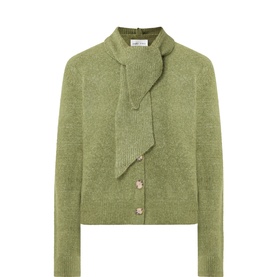 Part Two Green Melange cardigan with attached scarf detail and gold buttons, alpaca-wool blend knit