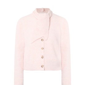Part Two Light Pink Melange cardigan with asymmetric lapel collar, gold buttons, and ribbed trim detail