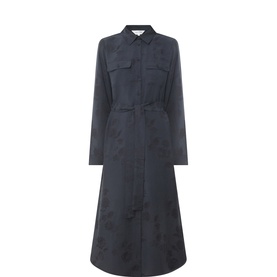 Part Two Dark Navy Flower midi shirt dress with floral jacquard, chest pockets, and self-tie belt in ECOVERO viscose
