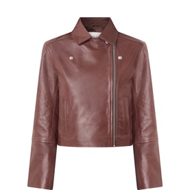 Part Two leather jacket in Brown Out, asymmetric zip fastening, snap-button collar detail, cropped cut