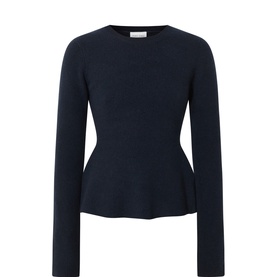 Part Two Dark Navy Flower wool knit jumper with crew neck, long sleeves, and structured peplum waist detail