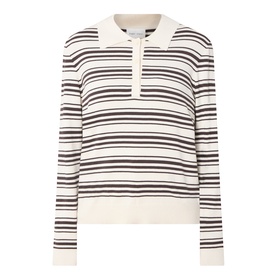 Part Two Mole Stripe knit polo top with horizontal stripe pattern, half-button placket, collar, and ribbed cuffs and hem