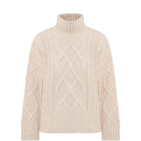 Part Two cable-knit wool turtleneck jumper in Whitecap Melange, featuring chunky diamond cable pattern and ribbed high neck