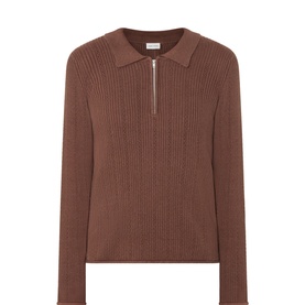 Part Two Downtown Brown ribbed cotton-cashmere polo neck jumper with half-zip collar and long sleeves