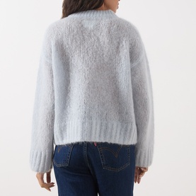 Model wearing Part Two Gray Dawn mohair blend jumper, back view, styled with dark blue jeans