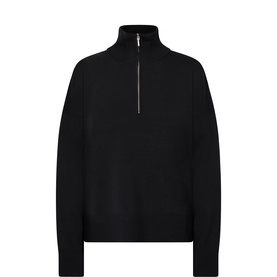 Part Two Silvanas Knitted Quarter Zip Sweater in black, high ribbed collar, silver zip, relaxed silhouette with ribbed cuffs