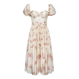 House of CB Ivory Vintage Rose floral midi dress with puff sleeves, sweetheart corset bodice, drawstring waist and tiered skirt