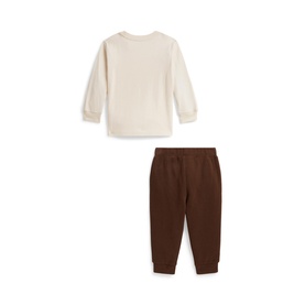 Ralph Lauren Polo Bear Logo T-Shirt & Joggers Two-Piece Set in Estate Cream, flatlay showing cream long-sleeve top and brown joggers
