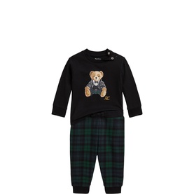 Ralph Lauren baby 2-piece set in green; black sweatshirt with bear graphic and green tartan check joggers