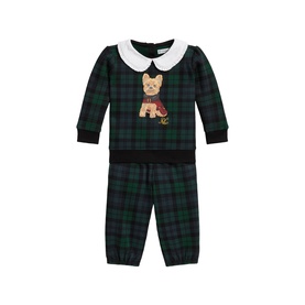 Ralph Lauren baby blackwatch tartan 2-piece set with white Peter Pan collar and bear appliqu&eacute; on long-sleeve top and matching trousers