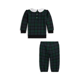 Ralph Lauren Baby Blackwatch Tartan 2-piece set with white Peter Pan collar top and matching trousers, flat lay
