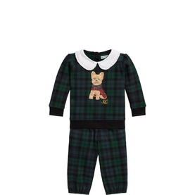 Ralph Lauren baby blackwatch tartan 2-piece set with white Peter Pan collar and bear appliqu&eacute; on long-sleeve top and matching trousers