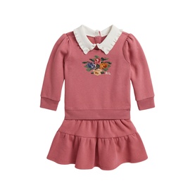 Ralph Lauren pink baby 2-piece set with floral embroidered sweatshirt dress and white lace collar, drop waist skirt