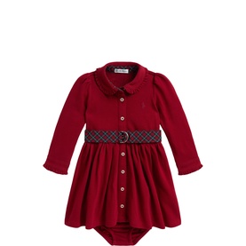 Ralph Lauren baby dress in Eaton Red with long sleeves, peter pan collar, button front, tartan belt, and bloomers