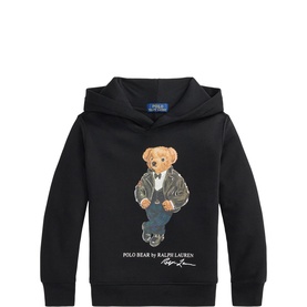 Ralph Lauren Polo Bear hoodie in Polo Black, featuring iconic bear graphic in leather jacket, kangaroo pocket, long sleeves