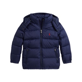 Ralph Lauren children's Newport Navy quilted puffer jacket with detachable hood, zip fastening and red embroidered pony logo