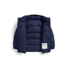 Ralph Lauren children's Newport Navy quilted down jacket, open flat lay showing navy padded lining and branded interior label