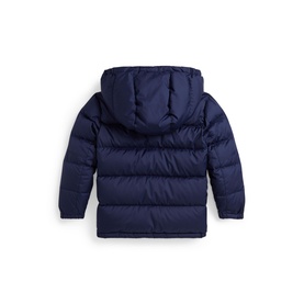 Ralph Lauren children's Newport Navy quilted puffer jacket, rear view showing attached hood and quilted panelling