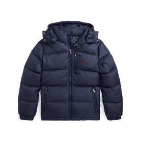 Ralph Lauren children's Newport Navy puffer jacket with hood, quilted panels, zip fastening, and embroidered logo chest detail