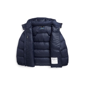 Ralph Lauren children's Newport Navy quilted down jacket, shown open to reveal navy lining and branded label