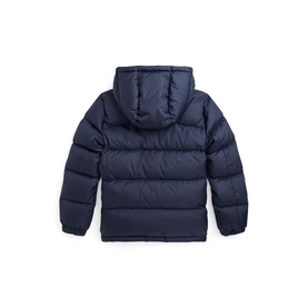 Ralph Lauren children's Newport Navy quilted puffer jacket, rear view showing attached hood and zip fastening.