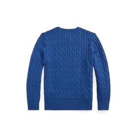 Ralph Lauren children's dusty azure cable-knit sweater, back view showing classic knit texture and ribbed cuffs and hem.