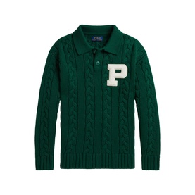 Ralph Lauren green cable-knit polo sweater with cream varsity P patch and button collar, children's knitwear