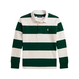 Ralph Lauren kids cream and green horizontal stripe long-sleeve cotton rugby polo with embroidered pony logo