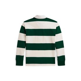 Ralph Lauren children's cream and green horizontal stripe long-sleeve rugby polo, back view showing bold block stripes and ribbed collar.