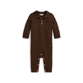 Ralph Lauren cable-knit romper in Chocolate Mousse, long sleeves, polo collar, button placket and popper fastening, baby months
