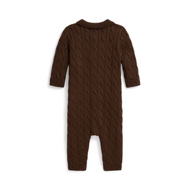 Ralph Lauren baby cable-knit romper in Chocolate Mousse, long sleeves, snap-leg opening, back view