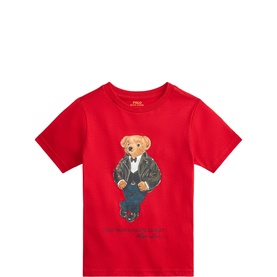 Ralph Lauren children's red cotton T-shirt with Polo Bear graphic in leather jacket and jeans print