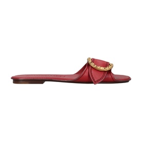 Zimmermann red leather flat slide sandal with gold-tone embellished buckle detail on single toe strap, flat tan sole.