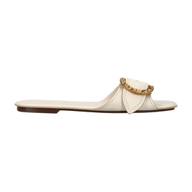 Zimmermann white leather flat slide sandal with gold chain-embellished buckle detail and tan sole