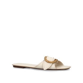 Zimmermann white leather flat mule slide with oversized gold-tone buckle detail and open toe.