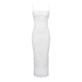 House of CB white lace midi dress with spaghetti straps and scalloped hem, body-con silhouette