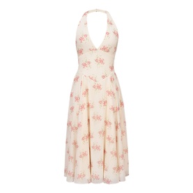 Cream halterneck midi dress with pink floral print, deep V-neckline, open back, and pleated full skirt