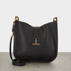 Tom Ford Tara Large Crossbody Bag in black calfskin with gold-tone hardware, signature T detail, and adjustable crossbody strap