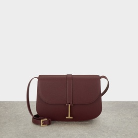 Tom Ford Kara Small Crossbody Bag in Lost Cherry grained leather, gold-tone hardware, signature T embellishment, adjustable shoulder strap