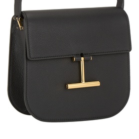 Tom Ford Tara Mini Crossbody Bag in black grained calfskin with gold-tone T-bar detail and flap closure, no strap visible