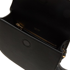 Tom Ford Tara Mini Crossbody Bag in black grained calfskin, open view showing interior zip pocket and gold-tone hardware lining.