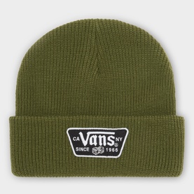 Vans green acrylic ribbed knit beanie with folded cuff and woven Full Patch logo badge in black and white