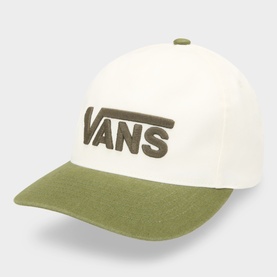 Vans green two-tone baseball cap with cream crown, olive brim, and embroidered Vans logo, 100% cotton