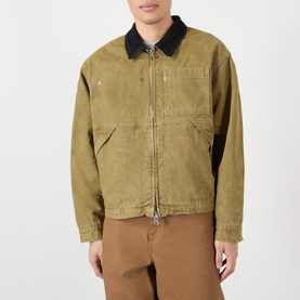 Model wearing Vans brown cotton casual jacket with contrast black collar, zip front and chest pockets, styled with tan trousers