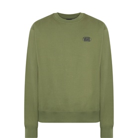 Vans green cotton crew neck sweatshirt with small embroidered logo patch on left chest, ribbed cuffs and hem