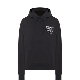 Vans black cotton hoodie with white graphic logo print on chest and drawstring hood, relaxed fit