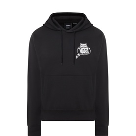 Vans black cotton pullover hoodie with white graphic logo print on chest and drawstring hood
