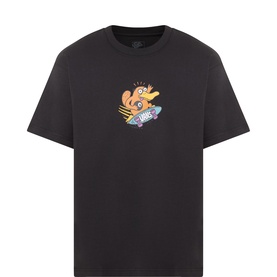 Vans black cotton T-shirt with colourful cartoon skater graphic print on chest, crew neck, short sleeves